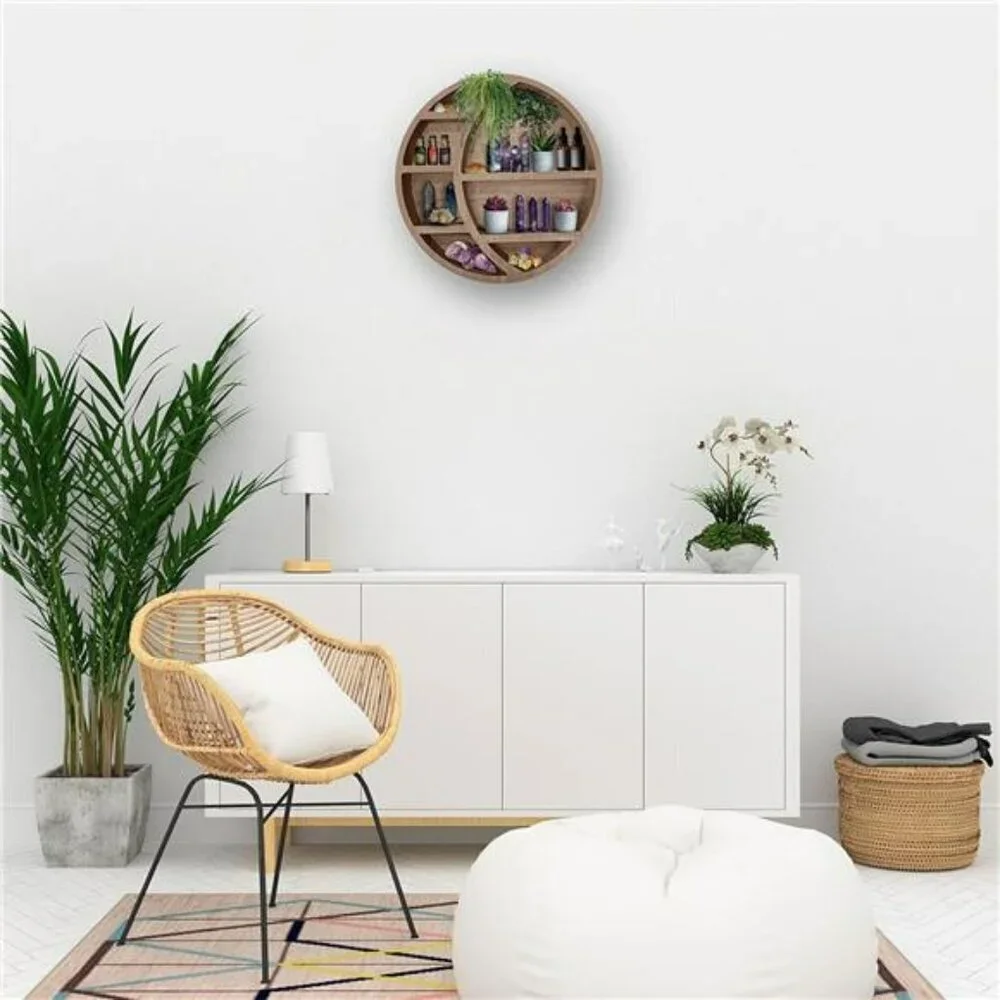 Wooden Moon Wall Shelf Boho Hanging Display Shelf Crystal Storage Decor